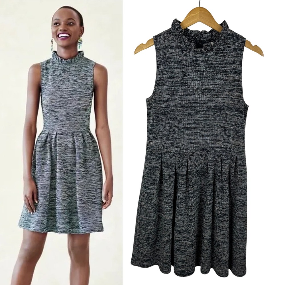 Ganni Anthropologie Ruffle Neck Sleeveless Pleated Dress Sz L Gray Office Career
